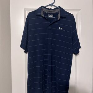 Navy and white striped Under Armour, Loose, Heat Gear Polo in XLT- gently worn